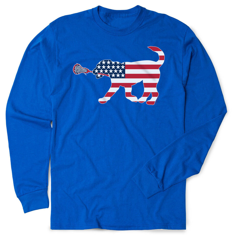 Girls Lacrosse Tshirt Long Sleeve - Patriotic Lula The Lax Dog