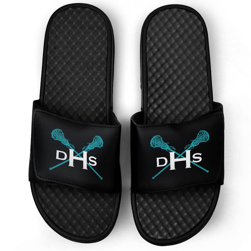 Navy Girls Lacrosse Slide Sandals - Lax Heart with Crossed Sticks Navy Girls Lacrosse Slide Sandals - Lax Heart with Crossed Sticks
