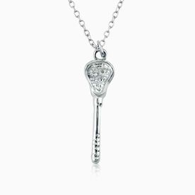 Silver Lacrosse Stick Pendant Necklace with Cubic Zirconia-1 1/4 " Stick