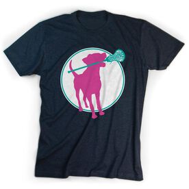 Girls Lacrosse Short Sleeve T-Shirt - Lacrosse Dog with Girl Stick [Navy/Youth Large] - SS