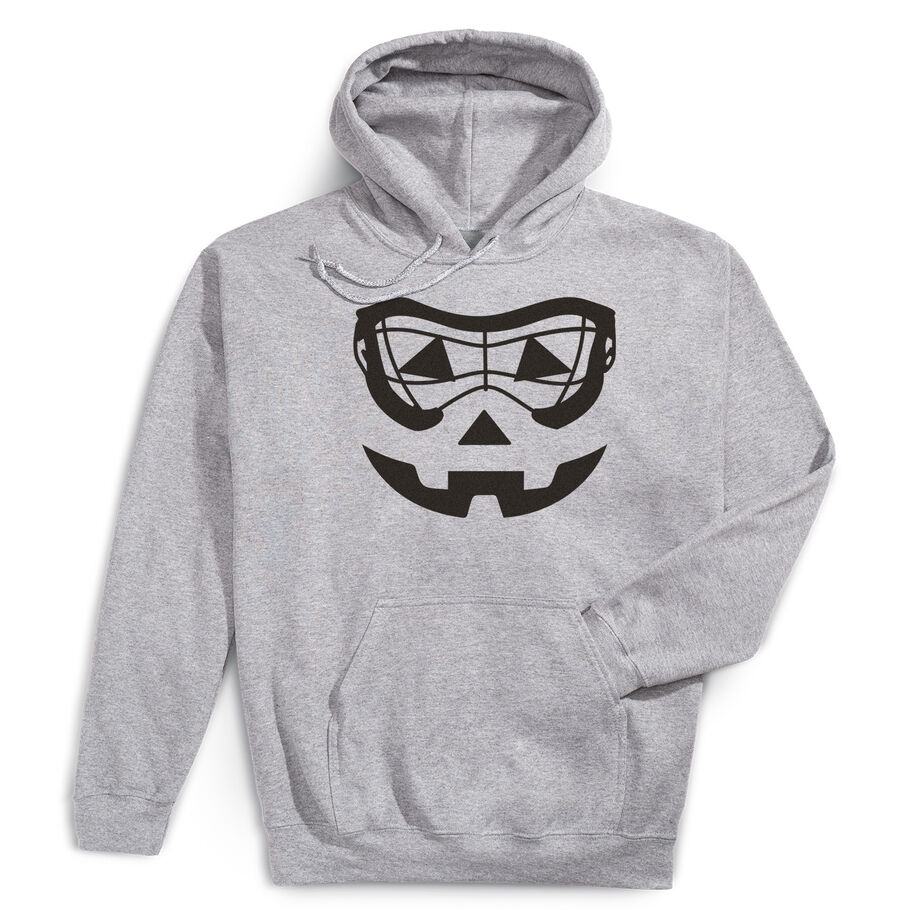 Girls Lacrosse Hooded Sweatshirt - Lacrosse Goggle Pumpkin Face - Personalization Image