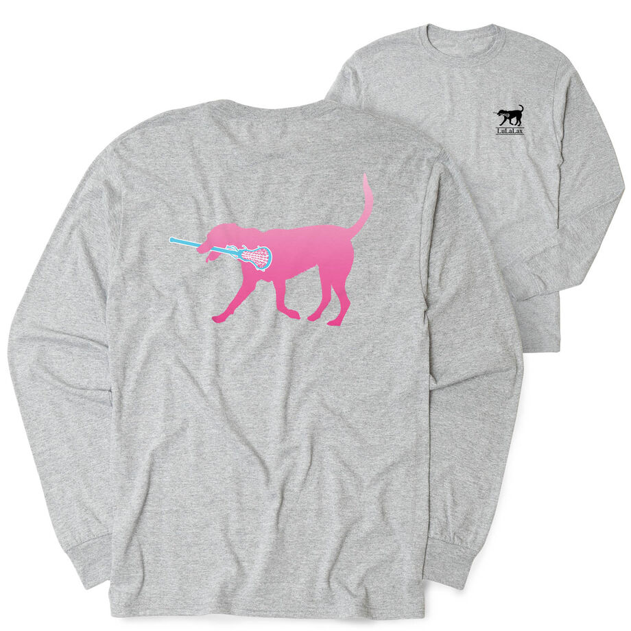 Girls Lacrosse Tshirt Long Sleeve - Lula The Lax Dog (Pink) (Back Design)