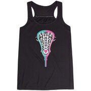 Girls Lacrosse Flowy Racerback Tank Top - Lacrosse Stick Heart Pink Teal White
