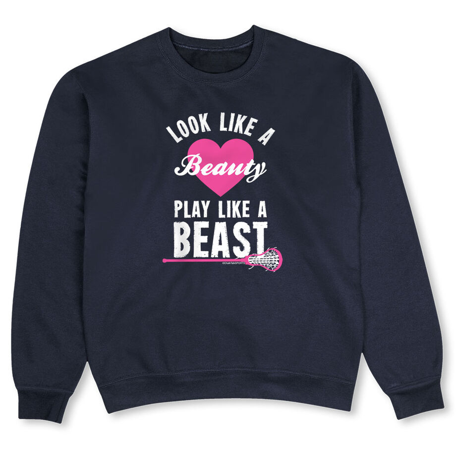 Girls Lacrosse Crew Neck Sweatshirt - Look Like A Beauty Play Like A Beast - Personalization Image