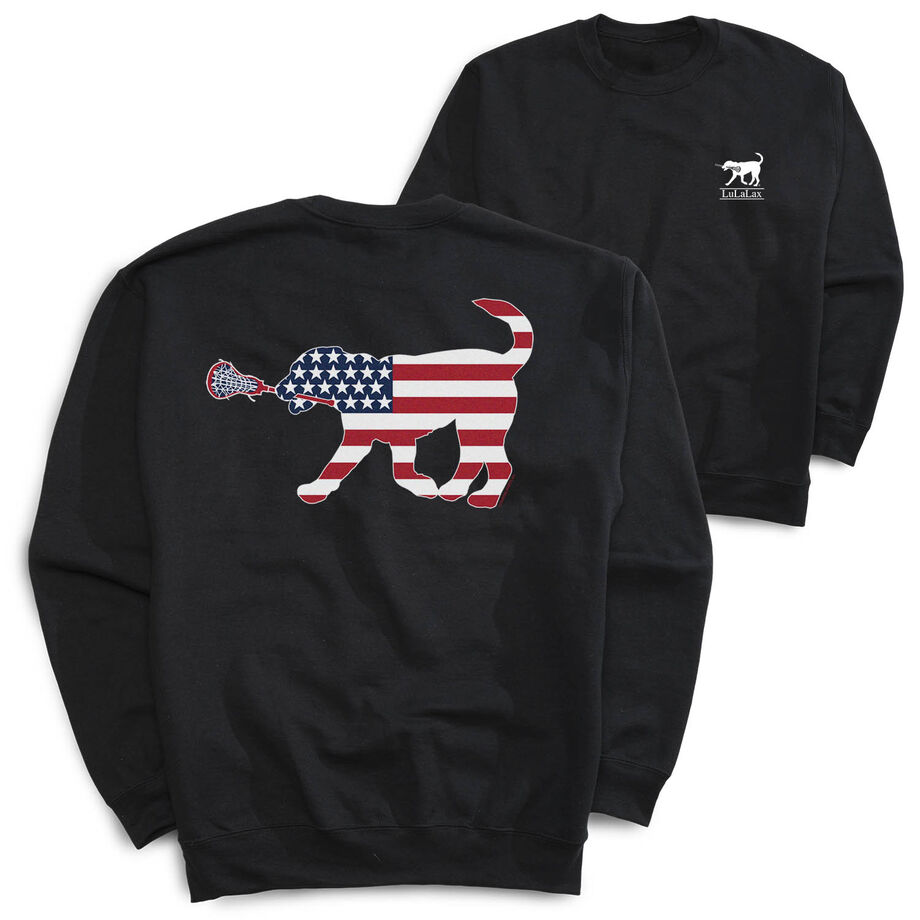 Girls Lacrosse Crewneck Sweatshirt - Patriotic LuLa the Lax Dog (Back Design)