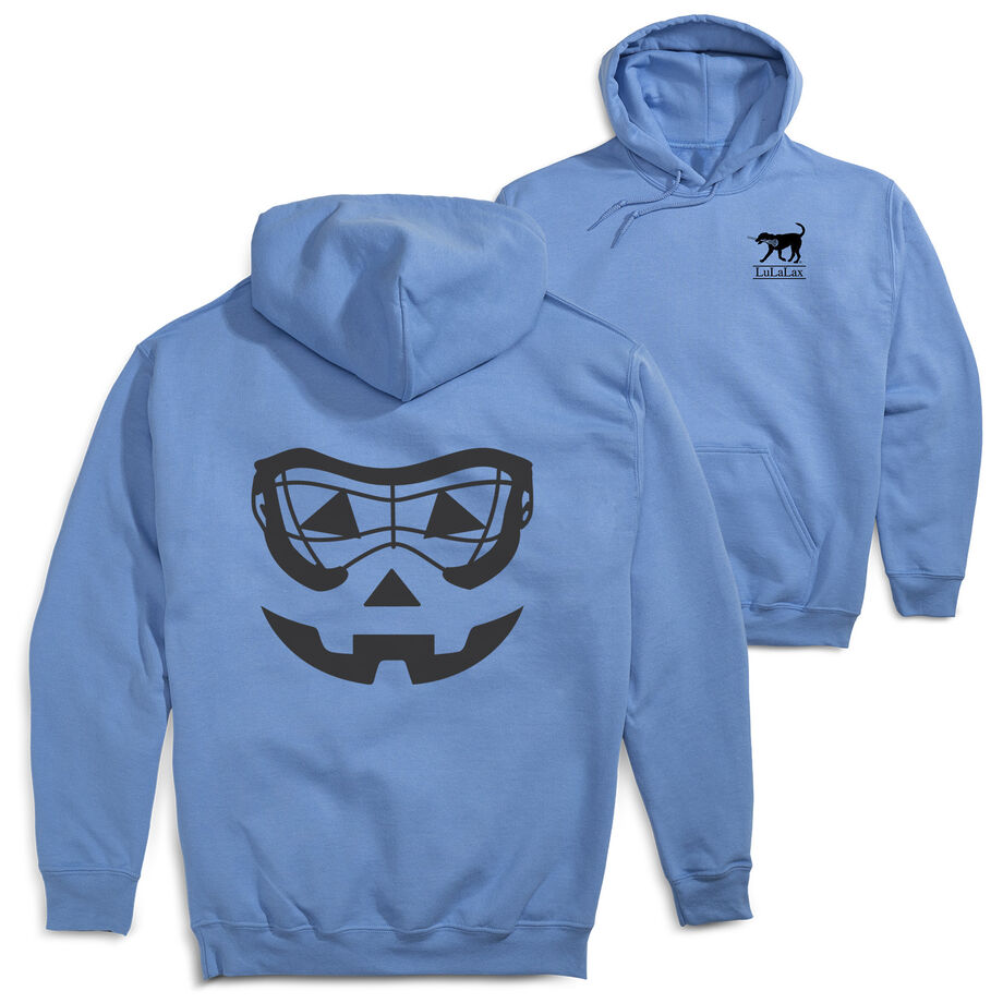 Girls Lacrosse Hooded Sweatshirt - Lacrosse Goggle Pumpkin Face (Back Design)