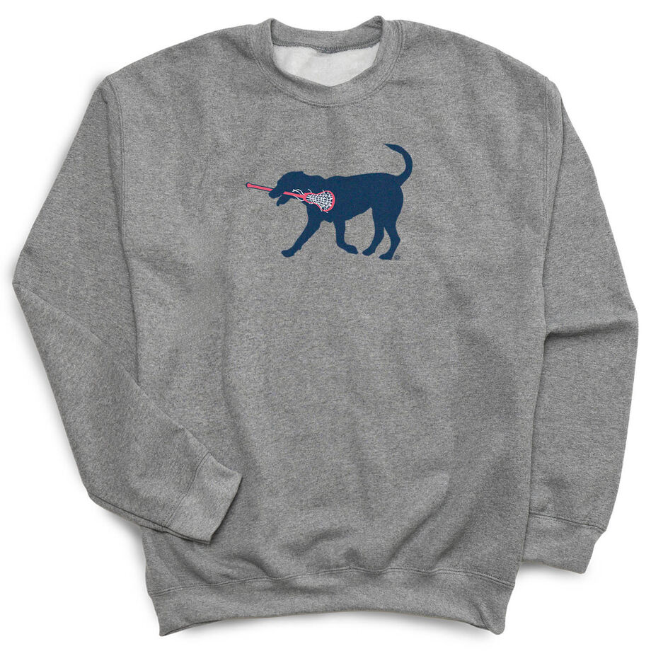 Girls Lacrosse Crew Neck Sweatshirt - LuLa The LAX Dog (Blue) - Personalization Image