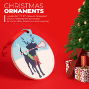 Girls Lacrosse Round Ceramic Ornament - Jingles the Lax Reindeer Dog