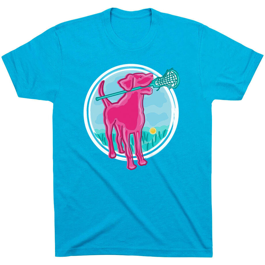 Girls Lacrosse Short Sleeve T-Shirt - Lacrosse Dog with Girl Stick