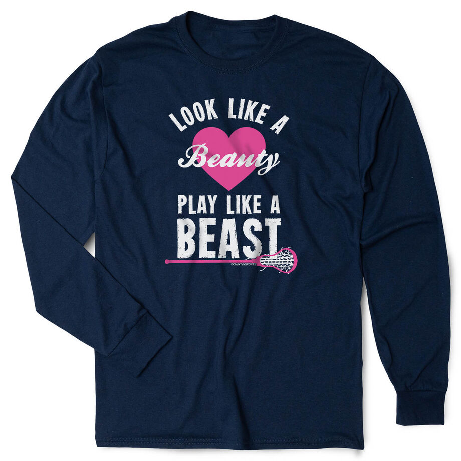 Girls Lacrosse Tshirt Long Sleeve - Look Like A Beauty Play Like A Beast