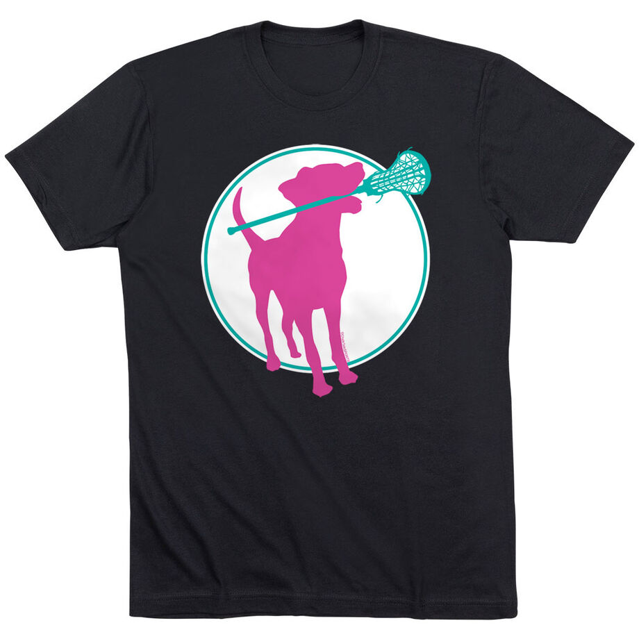 Girls Lacrosse Short Sleeve T-Shirt - Lacrosse Dog with Girl Stick - Personalization Image