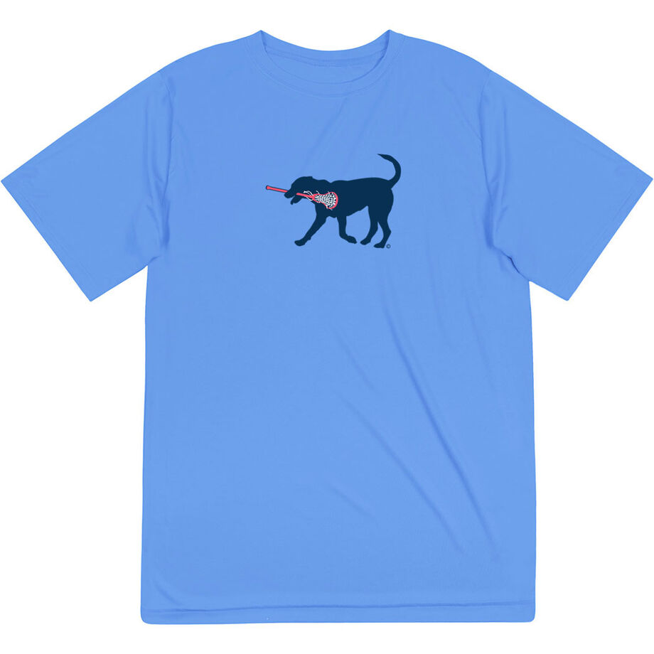 Girls Lacrosse Short Sleeve Performance Tee - LuLa the Lax Dog(Blue) - Personalization Image