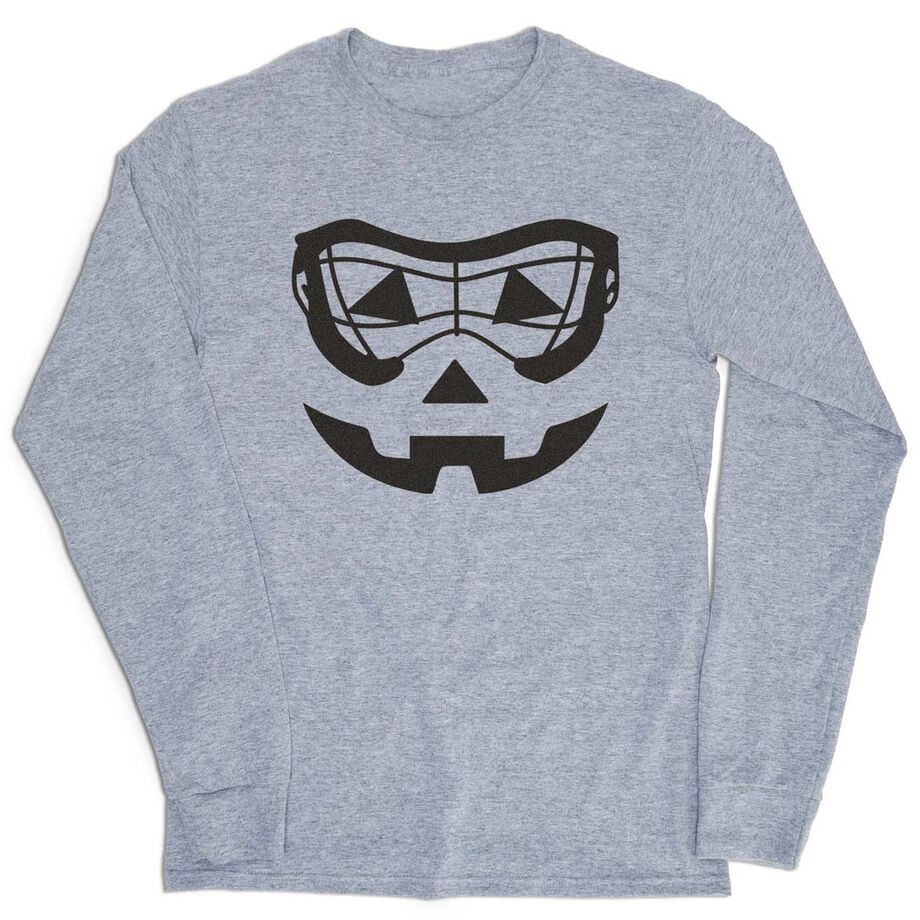 Girls Lacrosse Tshirt Long Sleeve - Lacrosse Goggle Pumpkin Face - Personalization Image