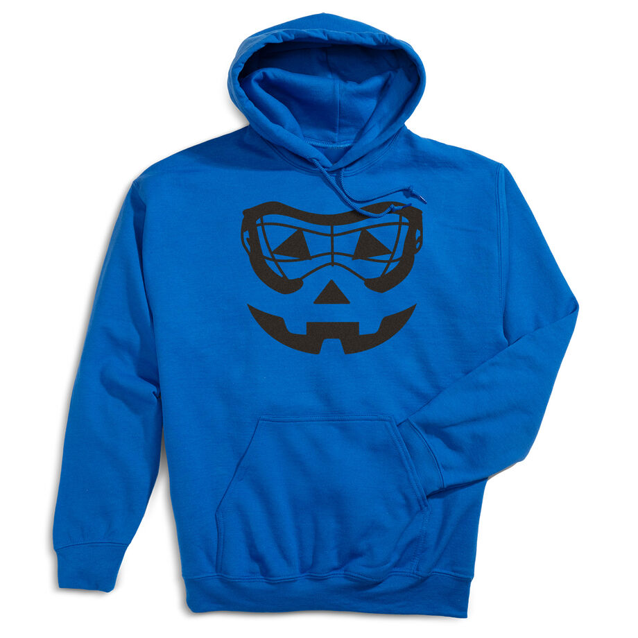 Girls Lacrosse Hooded Sweatshirt - Lacrosse Goggle Pumpkin Face - Personalization Image