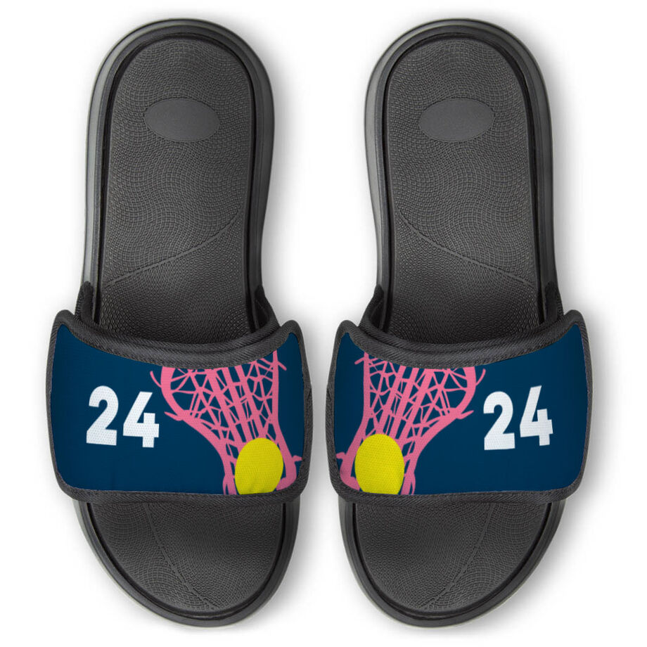 Girls Lacrosse Repwell&reg; Slide Sandals - Stick and Number Reflected - Personalization Image