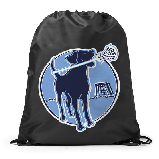 Girls Lacrosse Drawstring Backpack - Watercolor Lacrosse Dog With Girl Stick