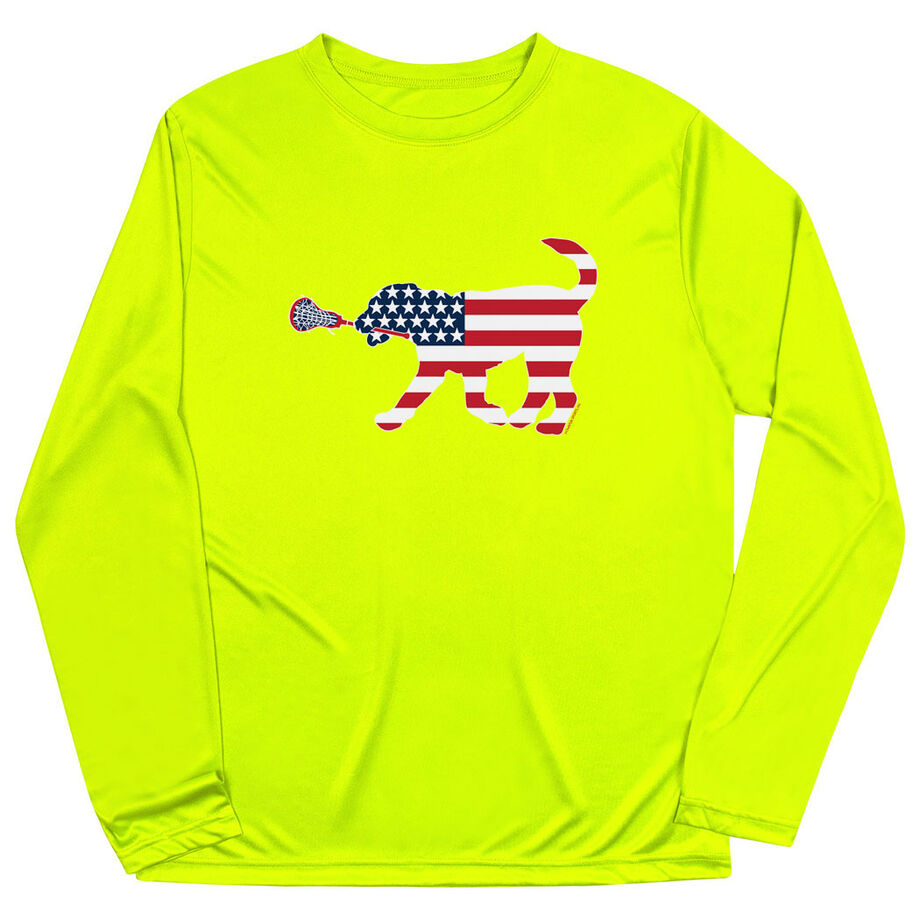 Girls Lacrosse Long Sleeve Performance Tee - Patriotic LuLa the Lax Dog