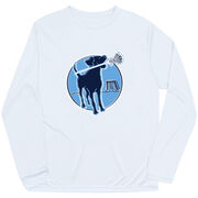 Girls Lacrosse Long Sleeve Performance Tee - Watercolor Lacrosse Dog With Girl Stick