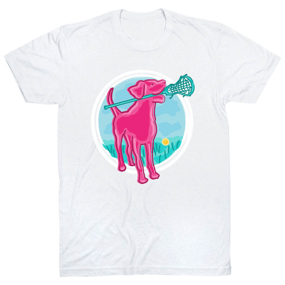 Girls Lacrosse Short Sleeve T-Shirt - Lacrosse Dog with Girl Stick