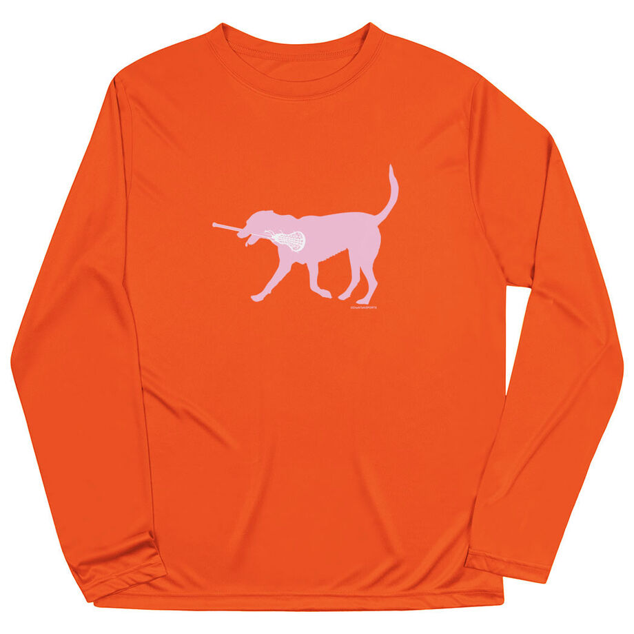 Girls Lacrosse Long Sleeve Performance Tee - LuLa the Lax Dog(Pink) - Personalization Image