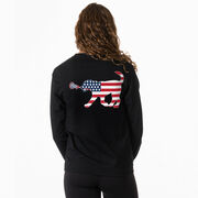 Girls Lacrosse Tshirt Long Sleeve - Patriotic Lula The Lax Dog (Back Design)