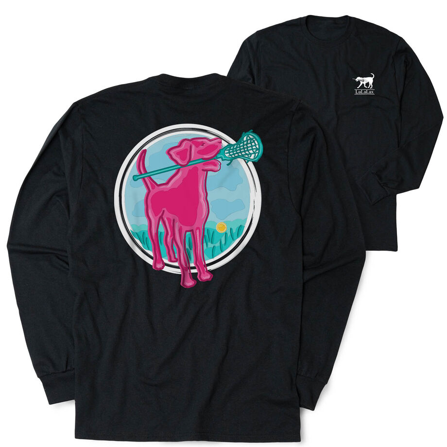Girls Lacrosse Tshirt Long Sleeve - Lacrosse Dog with Girl Stick (Back Design)