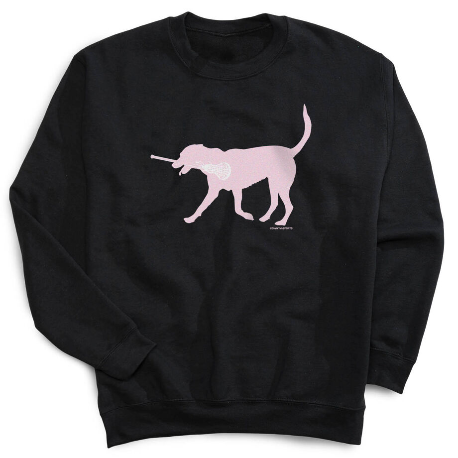 Girls Lacrosse Crewneck Sweatshirt - LuLa the LAX Dog (Pink) - Personalization Image
