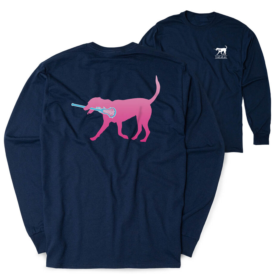 Girls Lacrosse Tshirt Long Sleeve - Lula The Lax Dog (Pink) (Back Design)