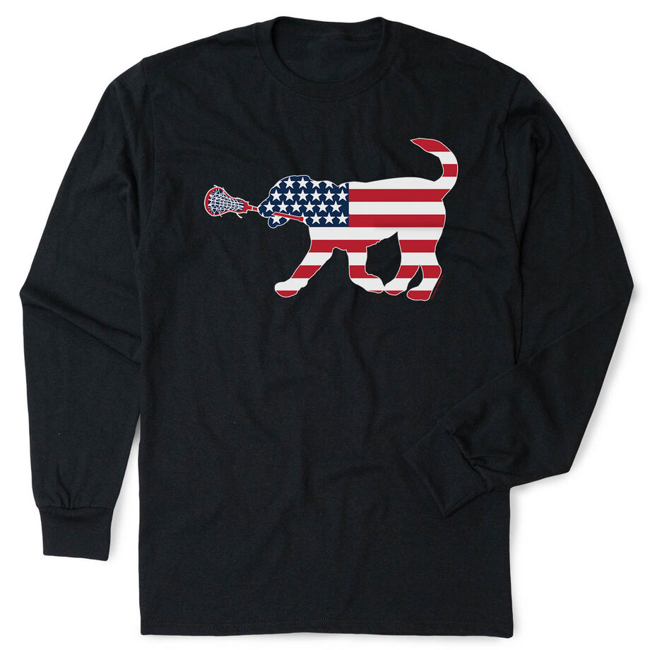 Girls Lacrosse Tshirt Long Sleeve - Patriotic Lula The Lax Dog - Personalization Image