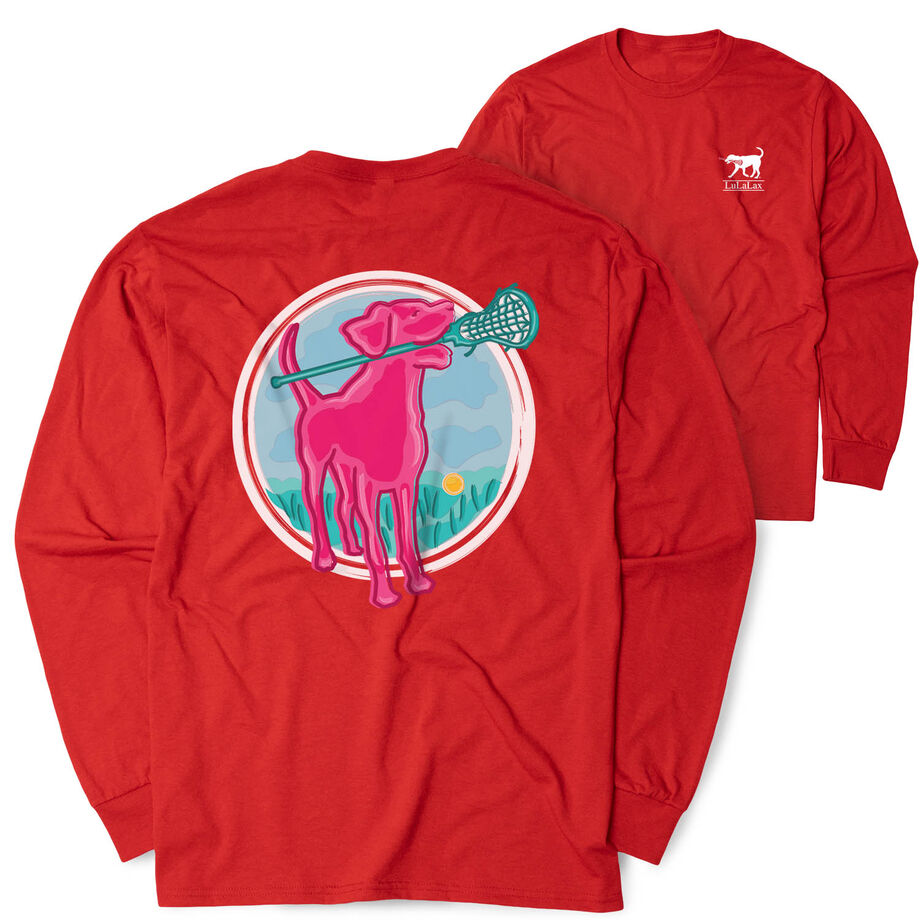 Girls Lacrosse Tshirt Long Sleeve - Lacrosse Dog with Girl Stick (Back Design)