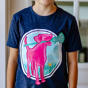 Girls Lacrosse Short Sleeve T-Shirt - Lacrosse Dog with Girl Stick