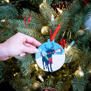 Girls Lacrosse Round Ceramic Ornament - Jingles the Lax Reindeer Dog