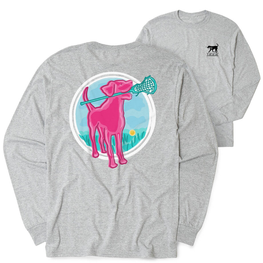 Girls Lacrosse Tshirt Long Sleeve - Lacrosse Dog with Girl Stick (Back Design)
