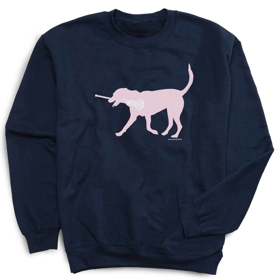 Girls Lacrosse Crewneck Sweatshirt - LuLa the LAX Dog (Pink) - Personalization Image