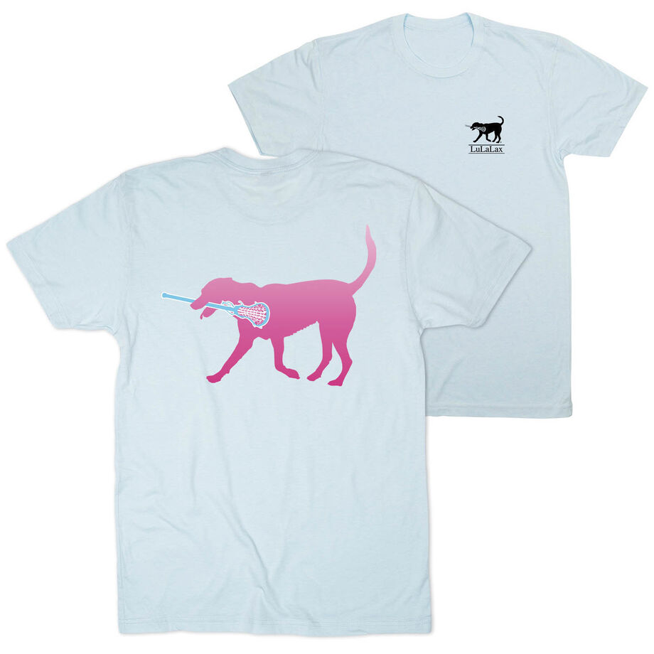 Girls Lacrosse Short Sleeve T-Shirt - LuLa the Lax Dog (Pink) (Back Design)