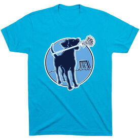 Girls Lacrosse T-Shirt Short Sleeve - Watercolor Lacrosse Dog With Girl Stick [Turquoise/Youth Small] - SS