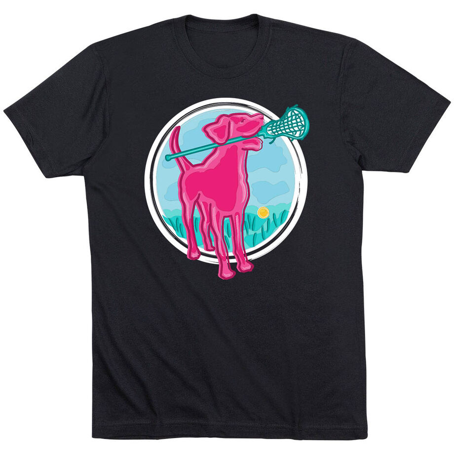 Girls Lacrosse Short Sleeve T-Shirt - Lacrosse Dog with Girl Stick