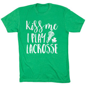 Girls Lacrosse Short Sleeve T-Shirt - Kiss Me I Play Lacrosse [Adult Medium/Green] - SS