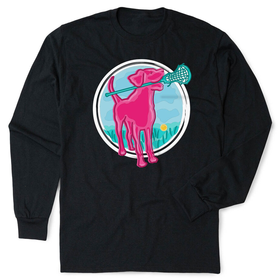 Girls Lacrosse Tshirt Long Sleeve - Lacrosse Dog with Girl Stick