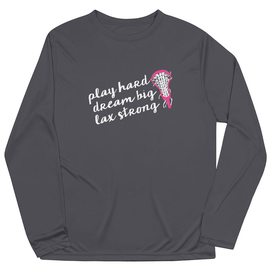 Girls Lacrosse Long Sleeve Performance Tee - Play Hard Dream Big Lax Strong - Personalization Image