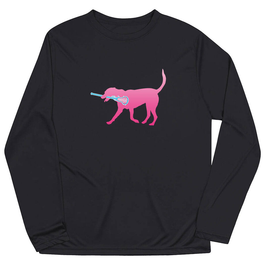 Girls Lacrosse Long Sleeve Performance Tee - LuLa the Lax Dog(Pink)