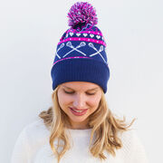 Girls Lacrosse Knit Hat - Crossed Sticks and Hearts