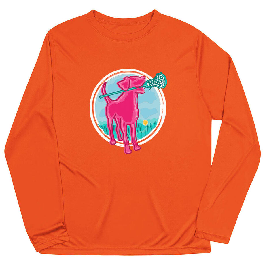 Girls Lacrosse Long Sleeve Performance Tee - Lacrosse Dog with Girl Stick