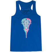 Girls Lacrosse Flowy Racerback Tank Top - Lacrosse Stick Heart Pink Teal White