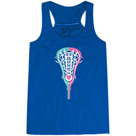 Girls Lacrosse Flowy Racerback Tank Top - Lacrosse Stick Heart Pink Teal White [Adult Small/Blue] - SS