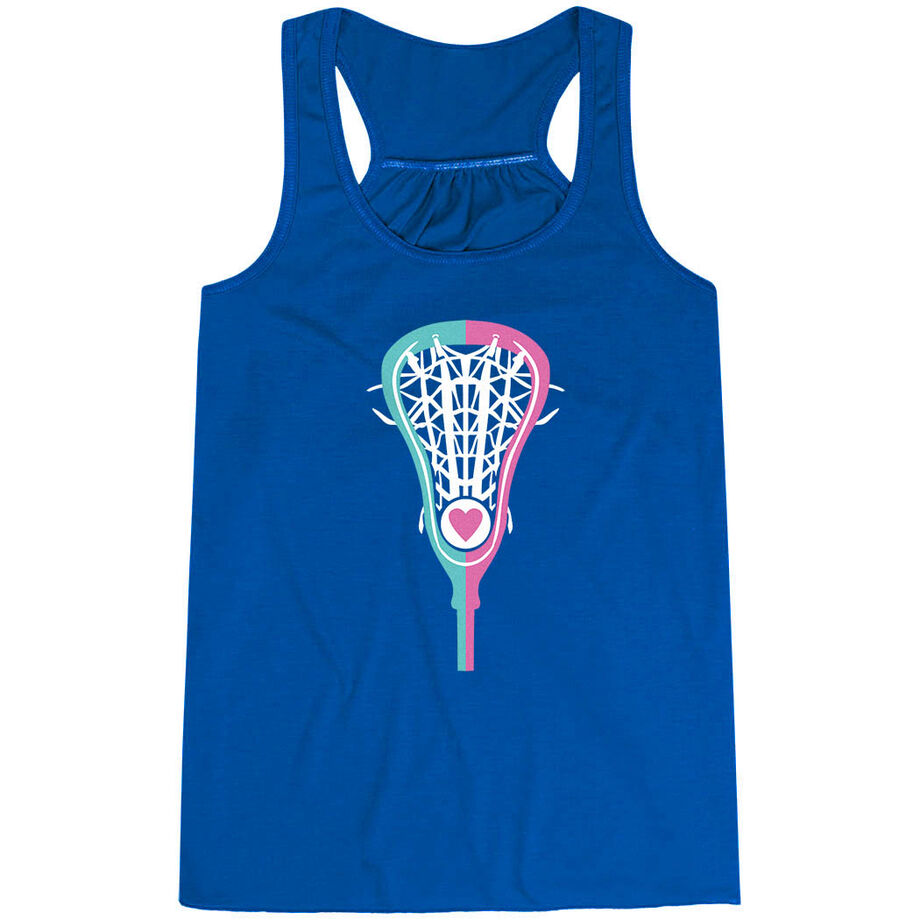 Girls Lacrosse Flowy Racerback Tank Top - Lacrosse Stick Heart Pink Teal White