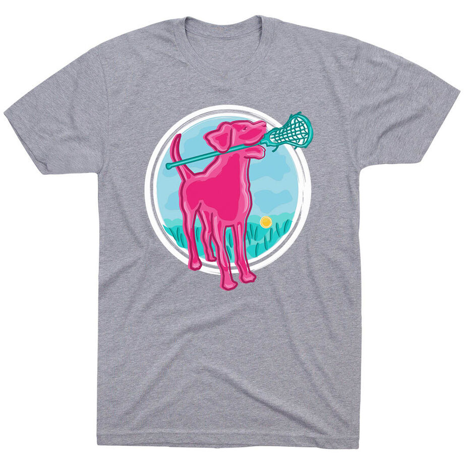 Girls Lacrosse Short Sleeve T-Shirt - Lacrosse Dog with Girl Stick