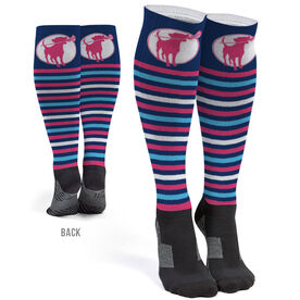 Girls Lacrosse Printed Knee-High Socks - Lacrosse Dog with Stripes