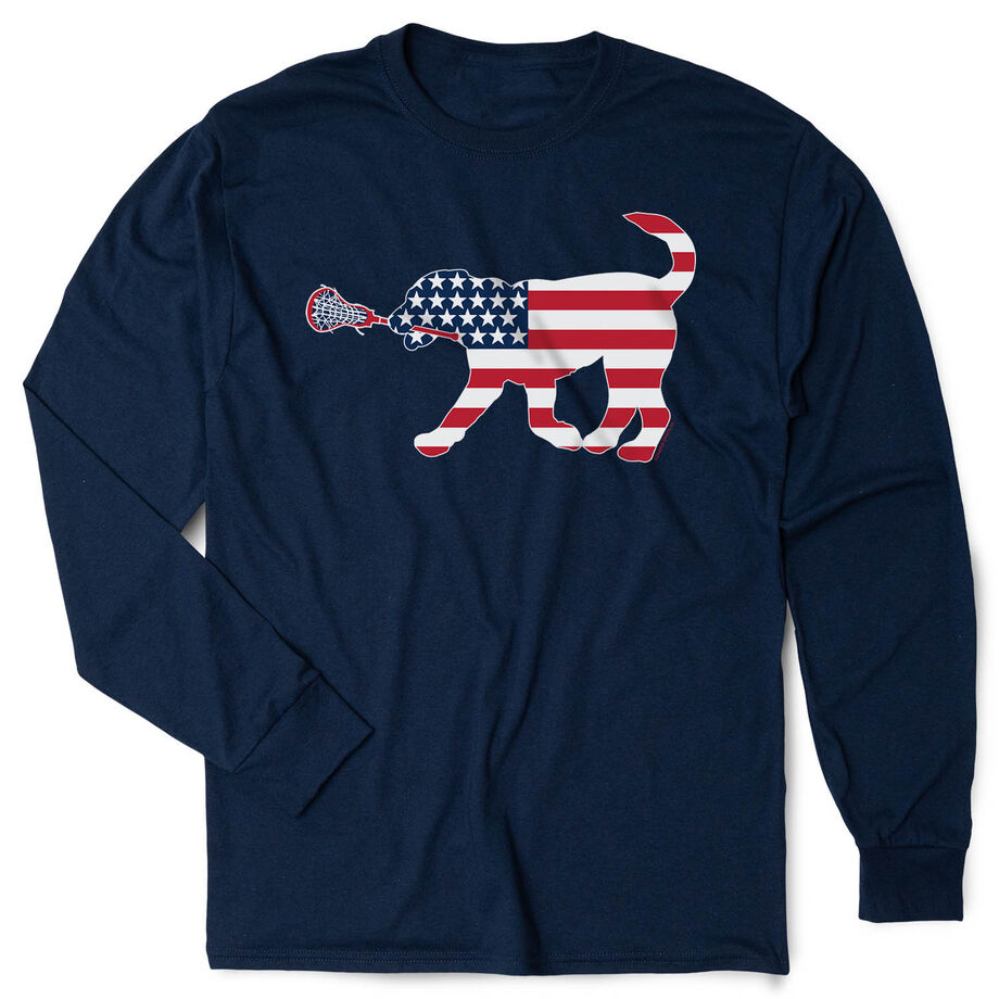 Girls Lacrosse Tshirt Long Sleeve - Patriotic Lula The Lax Dog