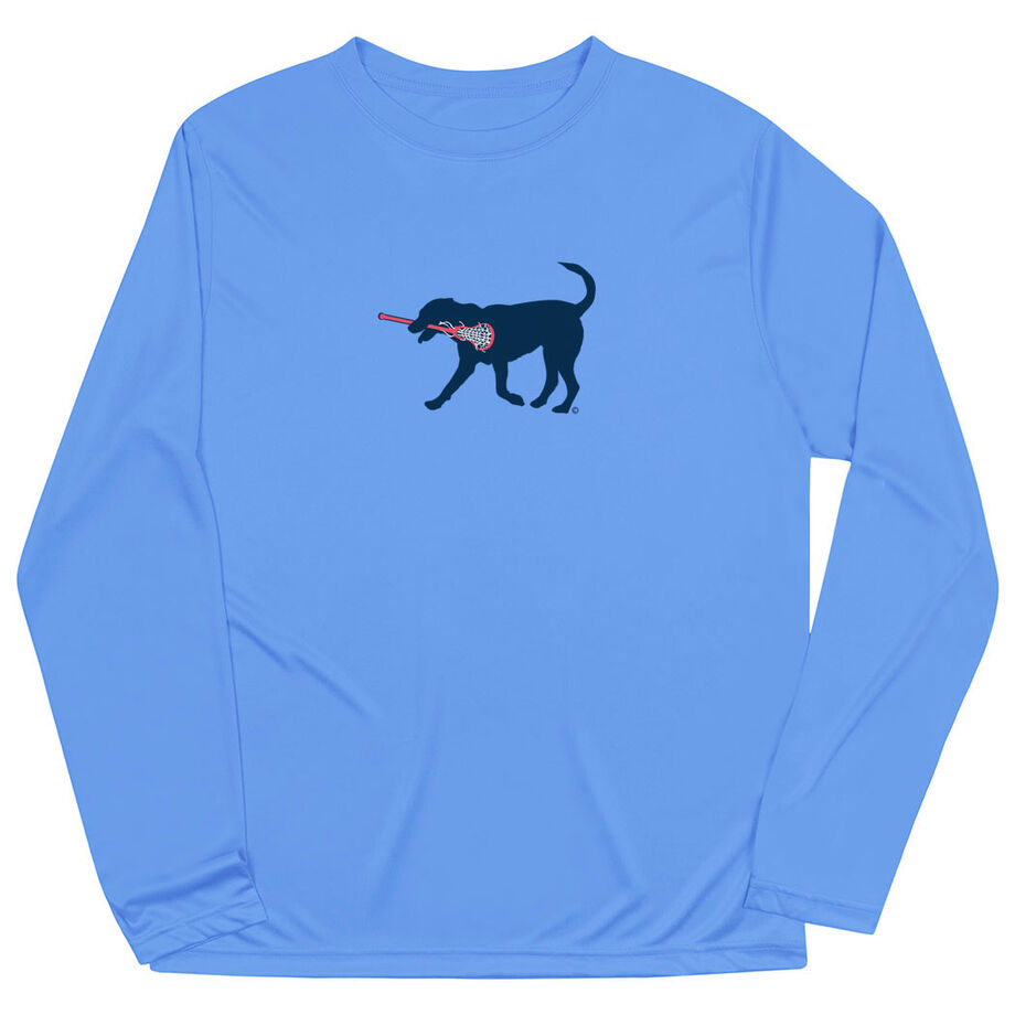Girls Lacrosse Long Sleeve Performance Tee - LuLa the Lax Dog(Blue) - Personalization Image